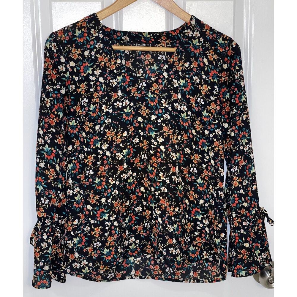 J. Crew Mercantile Blouse Women's Floral Bow Bell Long Sleeve Style K1167 Size 2